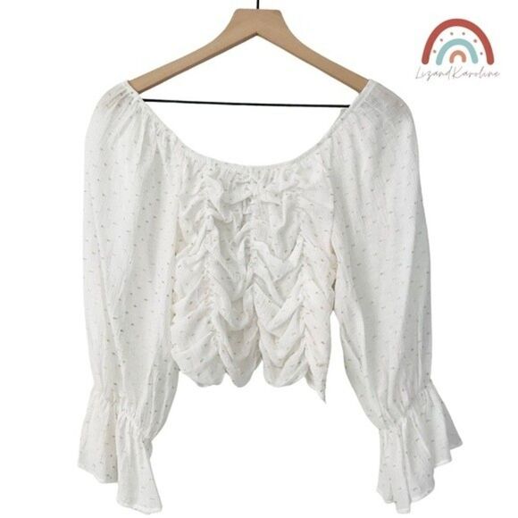 New! ZARA Bohemian Peasant Balloon Sleeve Swiss Dot Ruched Cropped Blouse Top - Picture 1 of 9